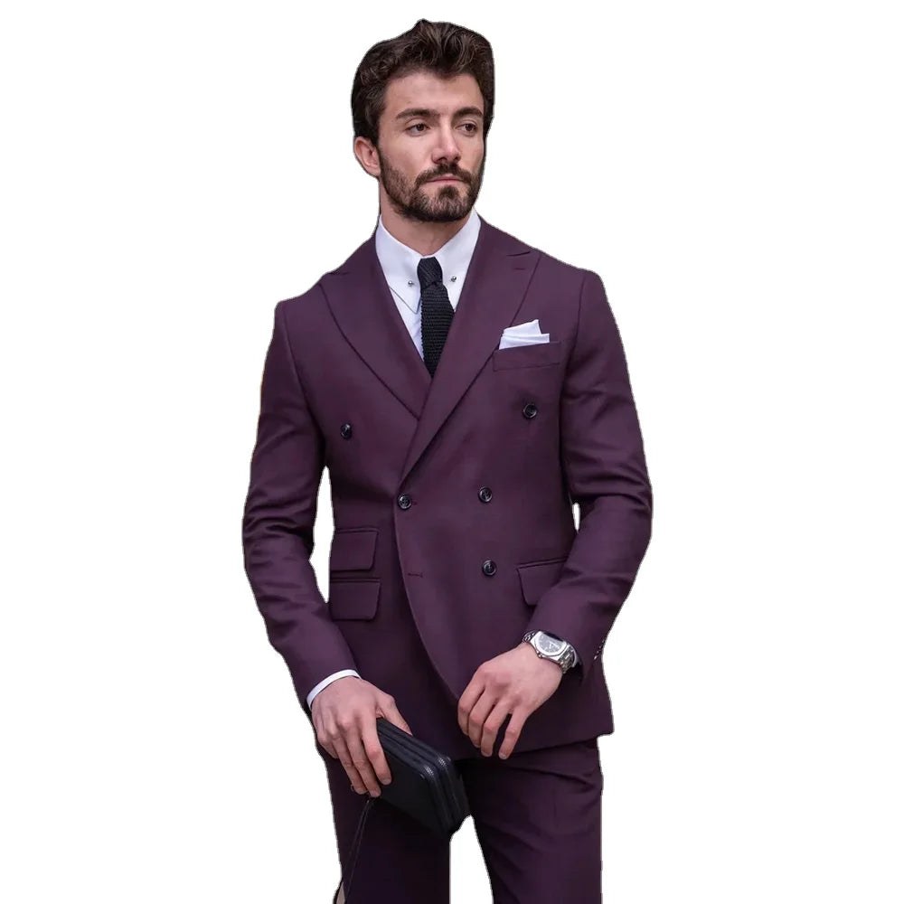 Tailor Made Purple Double Breasted Men's Suits Flat Custom Made Luxury Business Male Clothing Chic 2 Piece Jacket Pants Set