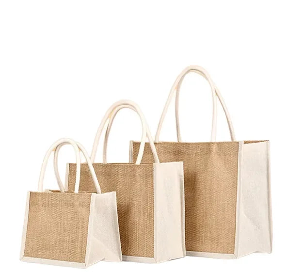 Jute Reusable Tote Bags with Canvas Side Bridesmaid Wedding Natural Burlap Christmas Gifts Bag