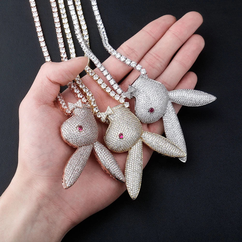 Fashion Hip Hop Long Ear Rabbit Head Pendant Necklace Iced Out Cubic Zirconia Brass Animal CZ Charm Jewelry Birthday Party Gifts