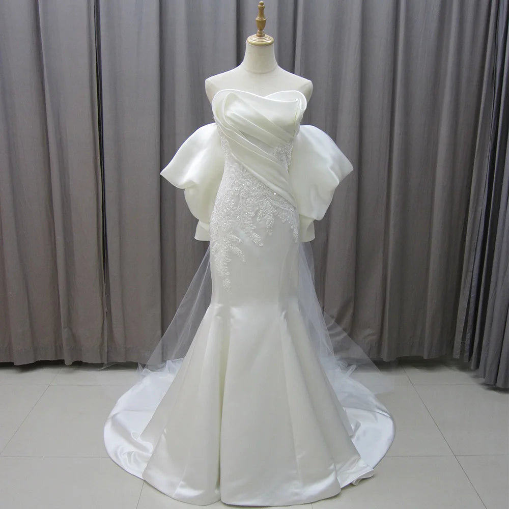 Jancember MZ0014 Luxury Satin Off Shoulder Mermaid Wedding Dresses With Train MegaBDM