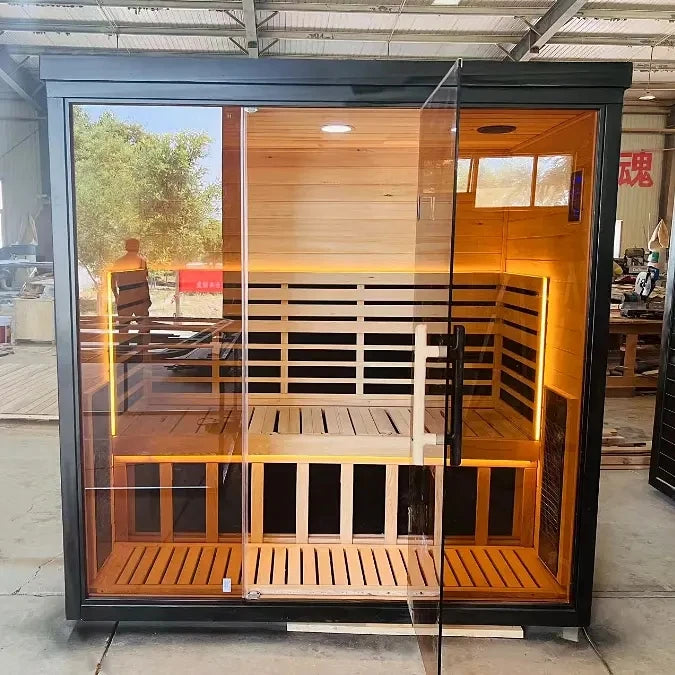 Hot Sale Outdoor Red Cedar Solid Wood 4 Person Far Infrared Wet Steam Traditional Sauna Room Wooden Burning Sauna