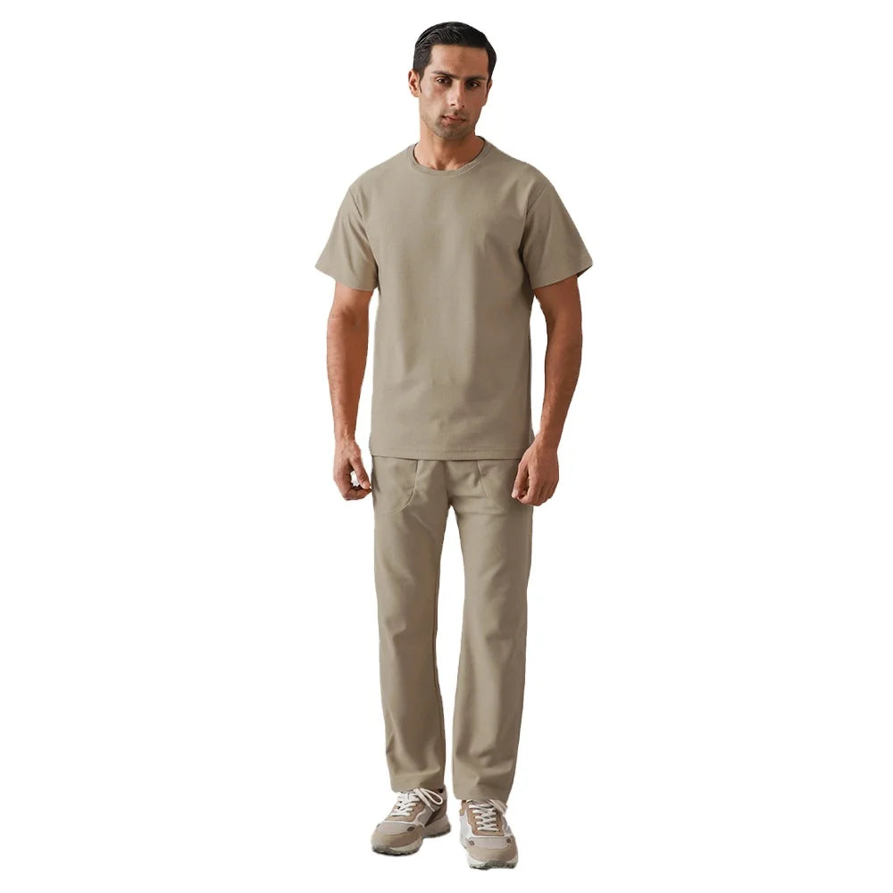Beige Textured Two Piece Set Men's Summer Outfit Short Sleeve Top and Straight Pants Casual Breathable Streetwear Tracksuit