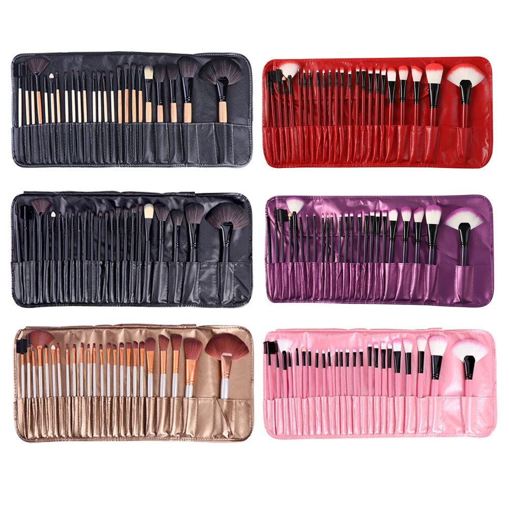 24pcs/Set High Density Bi-Color Gradient Wood Handle Ferrule PU Brush Bag Multifunctional Fiber Wool Face Eye Shadow