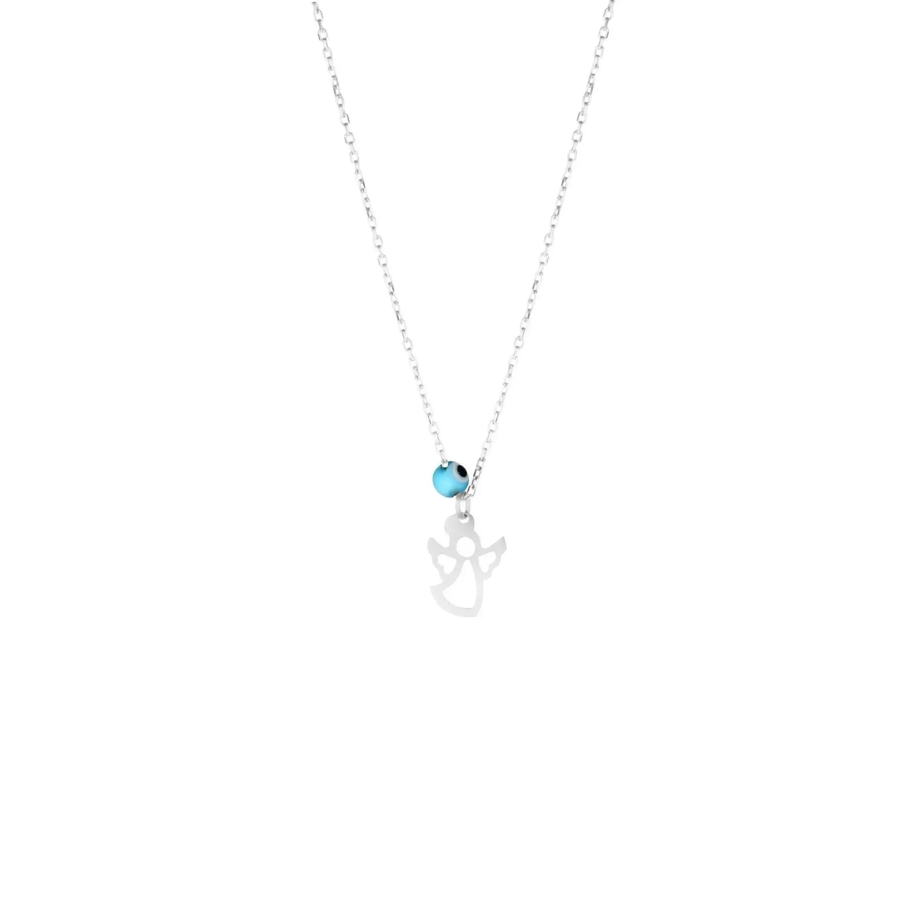 Azuris 925 Sterling Silver Fine Pendant Necklace Blue Agate Stone Angel Design Made in Turkey