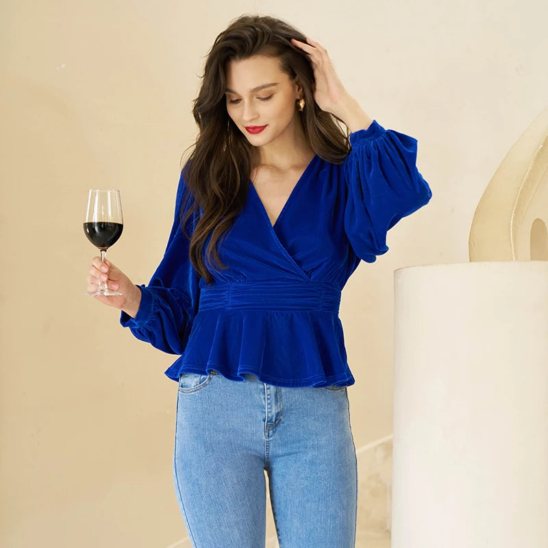 Elegant Women Blue Velvet Top V Neck Wrap Long Sleeve Casual Velvet Blouse for Women