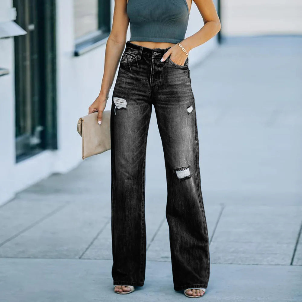 Factory Direct Sales In-Stock Women's Cross-Border Wholesale Washed Distressed Slim-Fit Wide-Leg Denim Pants
