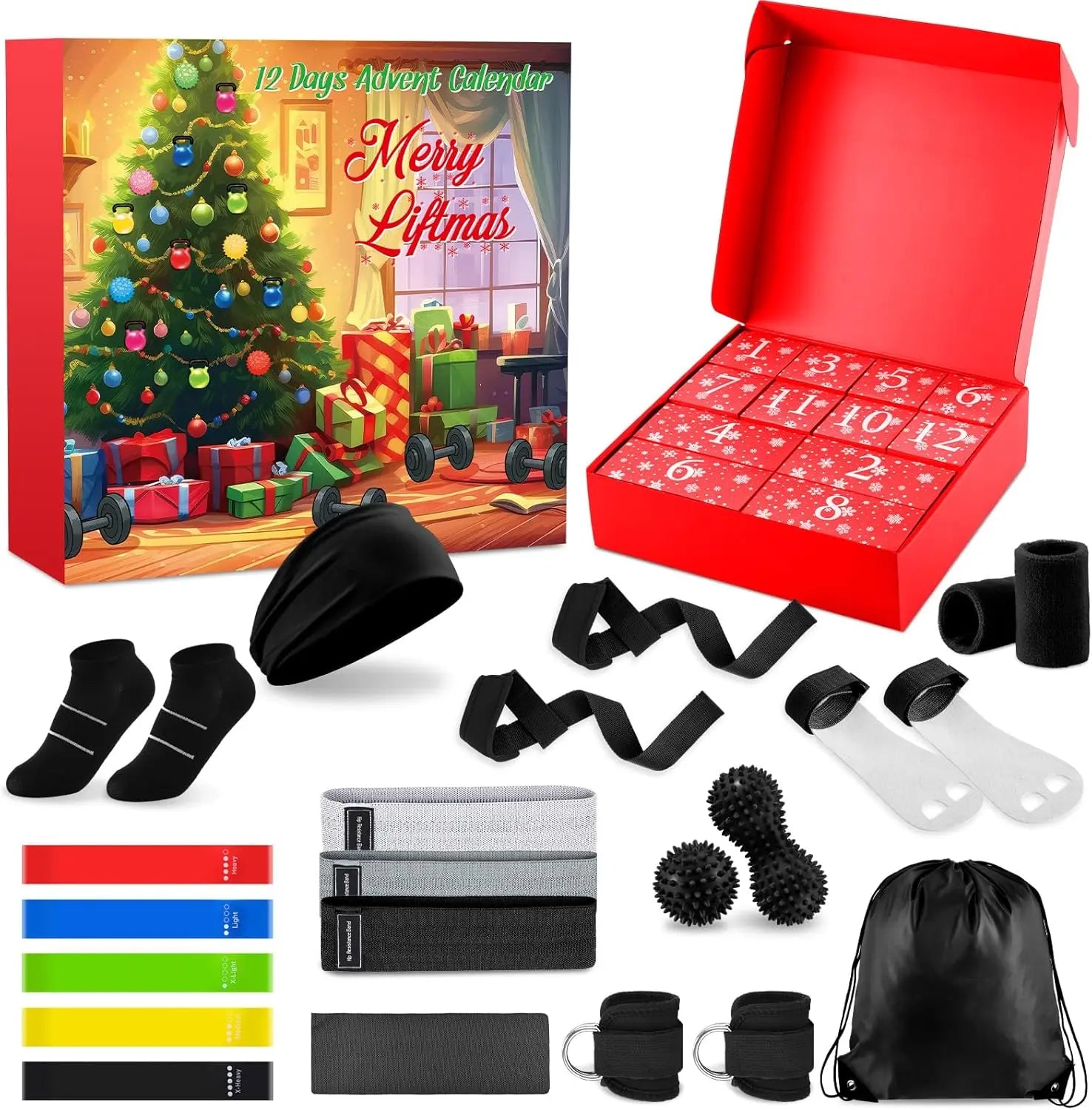 Advent Calendar 2027 12-Day Christmas Workout Gifts for Women Includes Massage Ball Ankle Binding Strap Bands