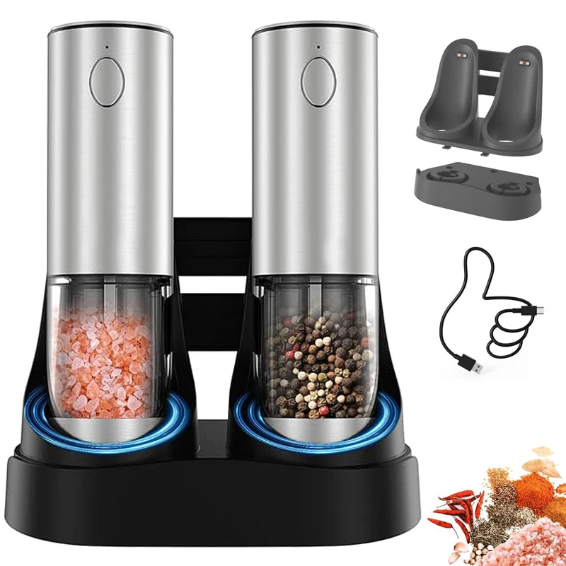 New 2 in 1 Rechargeable Salt and Pepper Mill Multi Functional Automatic Stainless Steel Electric Pepper and Salt Grinder Set