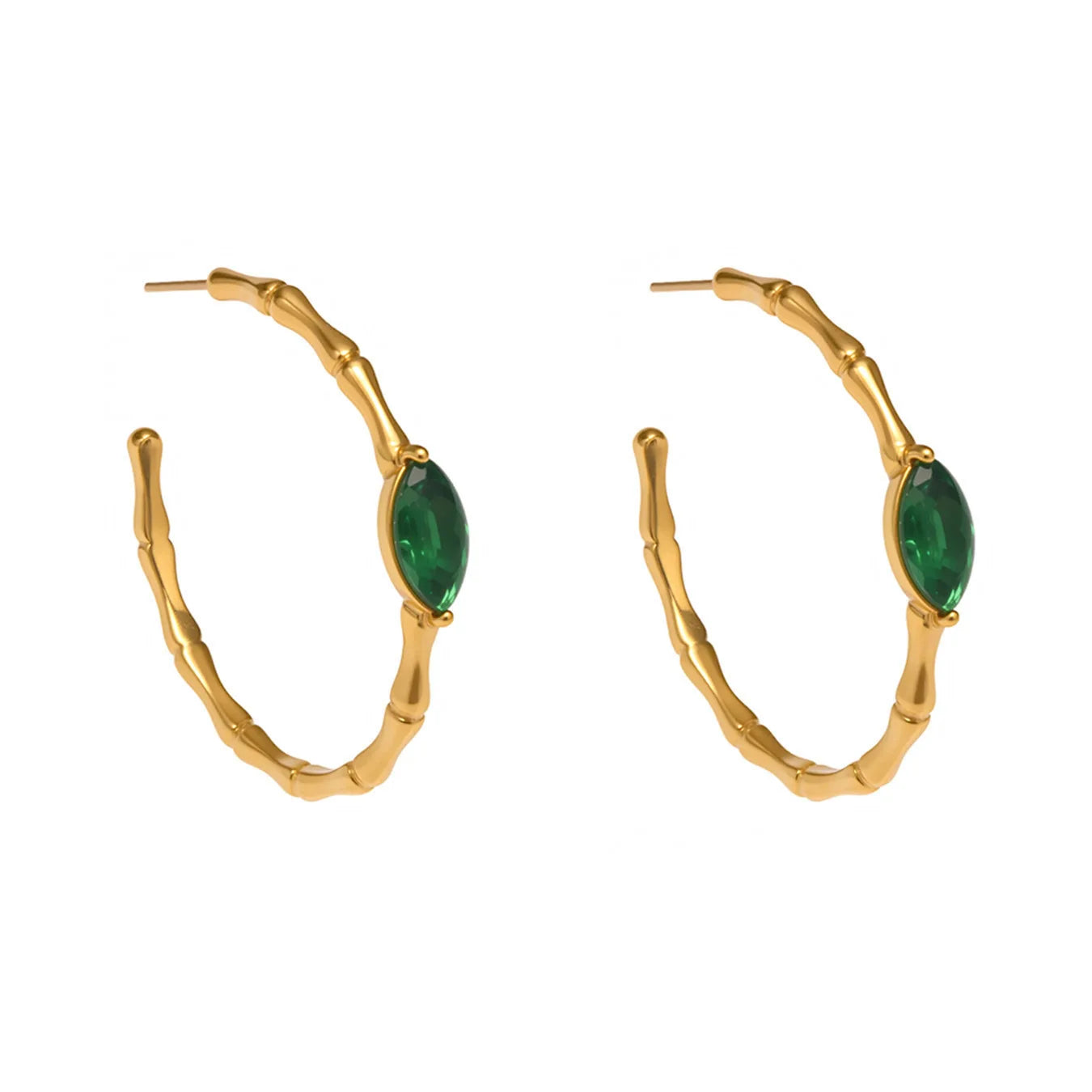 Vintage Bamboo Texture for Women Green Glass Stone C Shape Stainless Steel Dangle Earrings