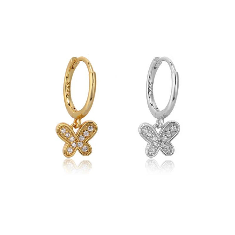 EH1021 925 Sterling Silver Fashion White Zircon Hoop Earrings Butterfly Charm Drop Earrings Wedding Fine Jewelry for Women Gifts