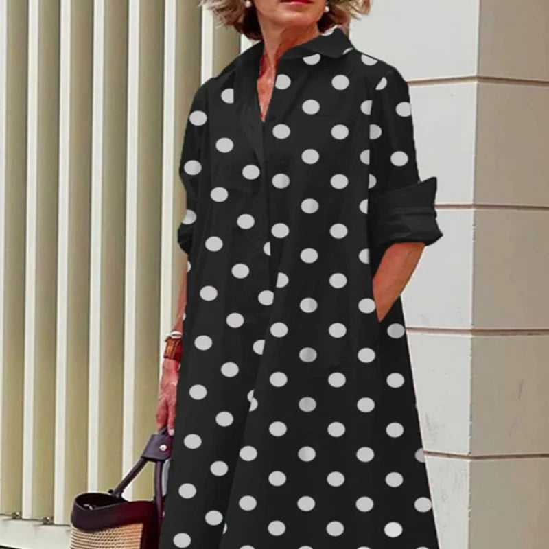 2025 Autumn New Product Fashionable and Elegant Polka Dot Printed Shirt-Collar Long-Sleeve Midi Dress