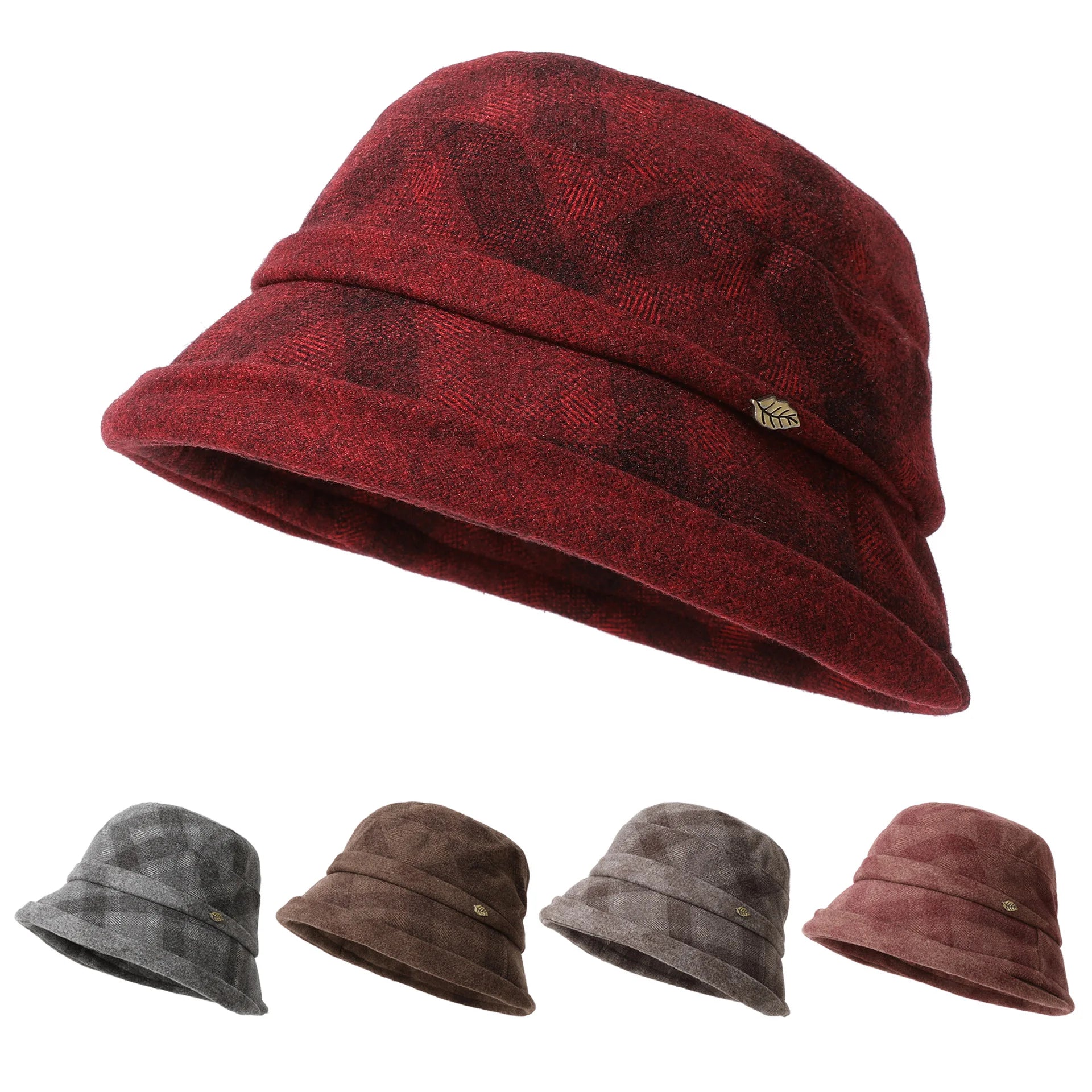 HZM-25606 Elegant Women's Vintage Cloche Bowler Cap Plaid Pattern Winter Bucket Hat for Casual Outdoor