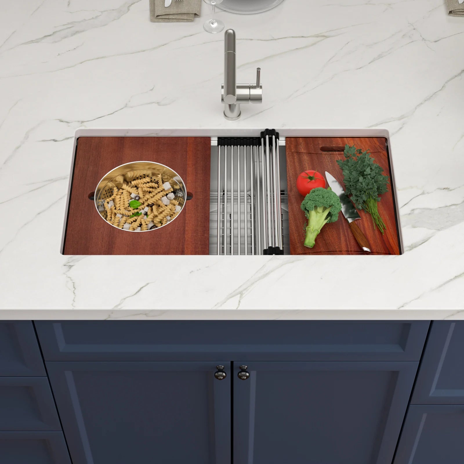 US Warehouse 16 Gauge Stainless Steel Double Bowl with Cutting Board & Cheese Accessories l Undermount Workstation Kitchen Sink