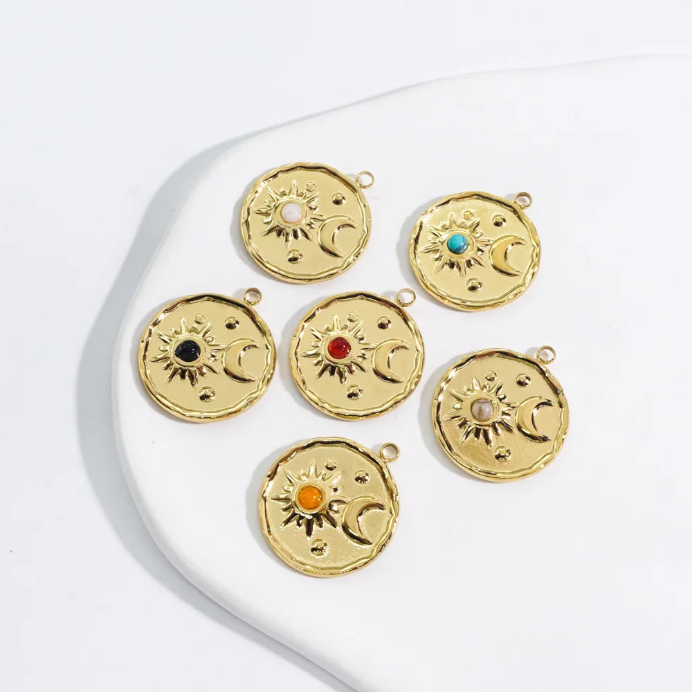 INS Popular Sun Star Moon Patter With Natural Stone Round Pendant Charm Stainless Steel Accessories for Women