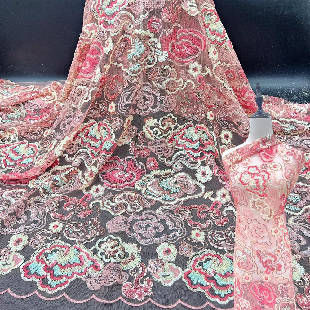 Women Girls Embroidery Sparking Pink African Sequin Lace Tela De Lentejuelas Tulle Luxury Cheongsam Wedding Embroidery Fabrics