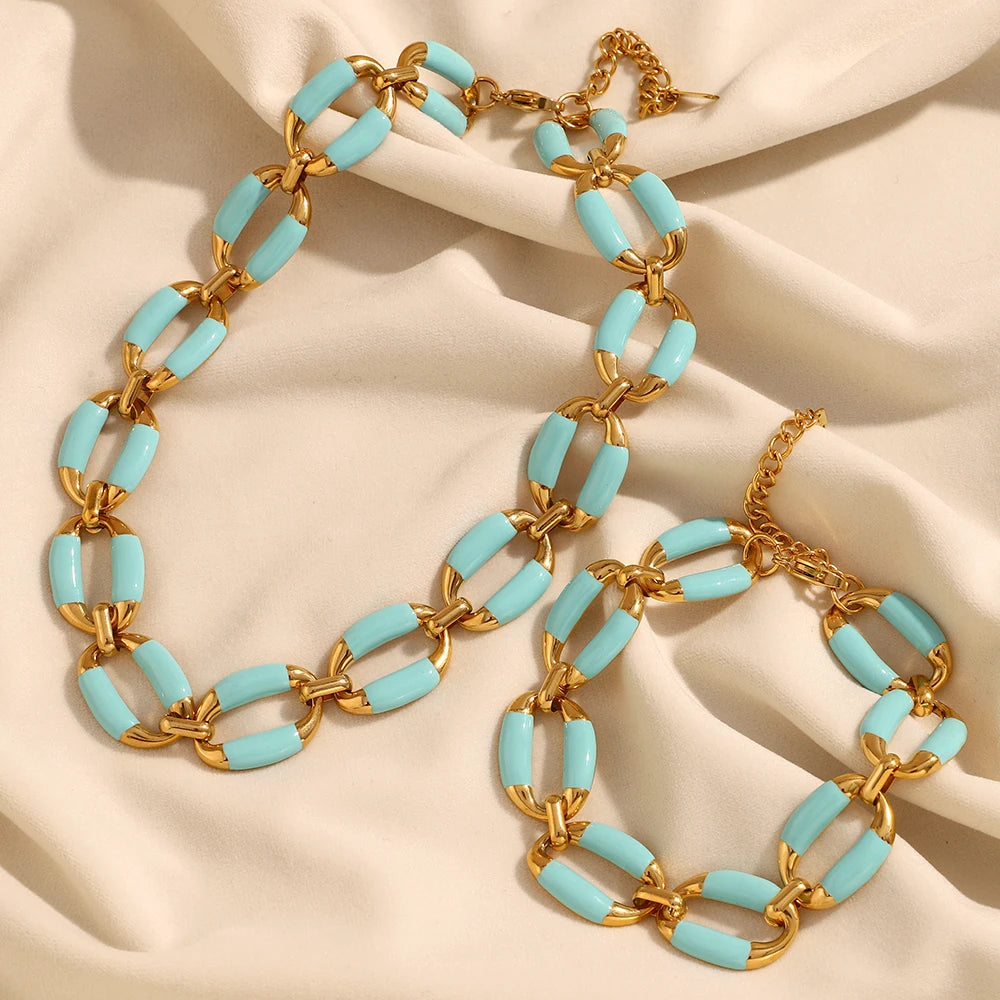 Dreamshow Statement Jewelry Enamel Chunky Chain Necklace 18k Gold Plated Stainless Steel Jewelry Set
