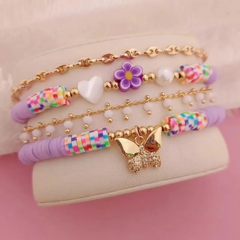 Boho Summer Beach Stack Bracelet Set Multi-layer Colorful Polymer Clay Diamond Butterfly Flower Bracelet Set for Women Jewelry
