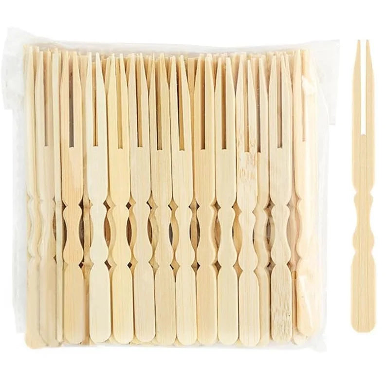 Elegant Natural Flat Bamboo Paddle Skewers Food Grade Wholesale Fruit 90mm Bamboo Picks with Two Prong