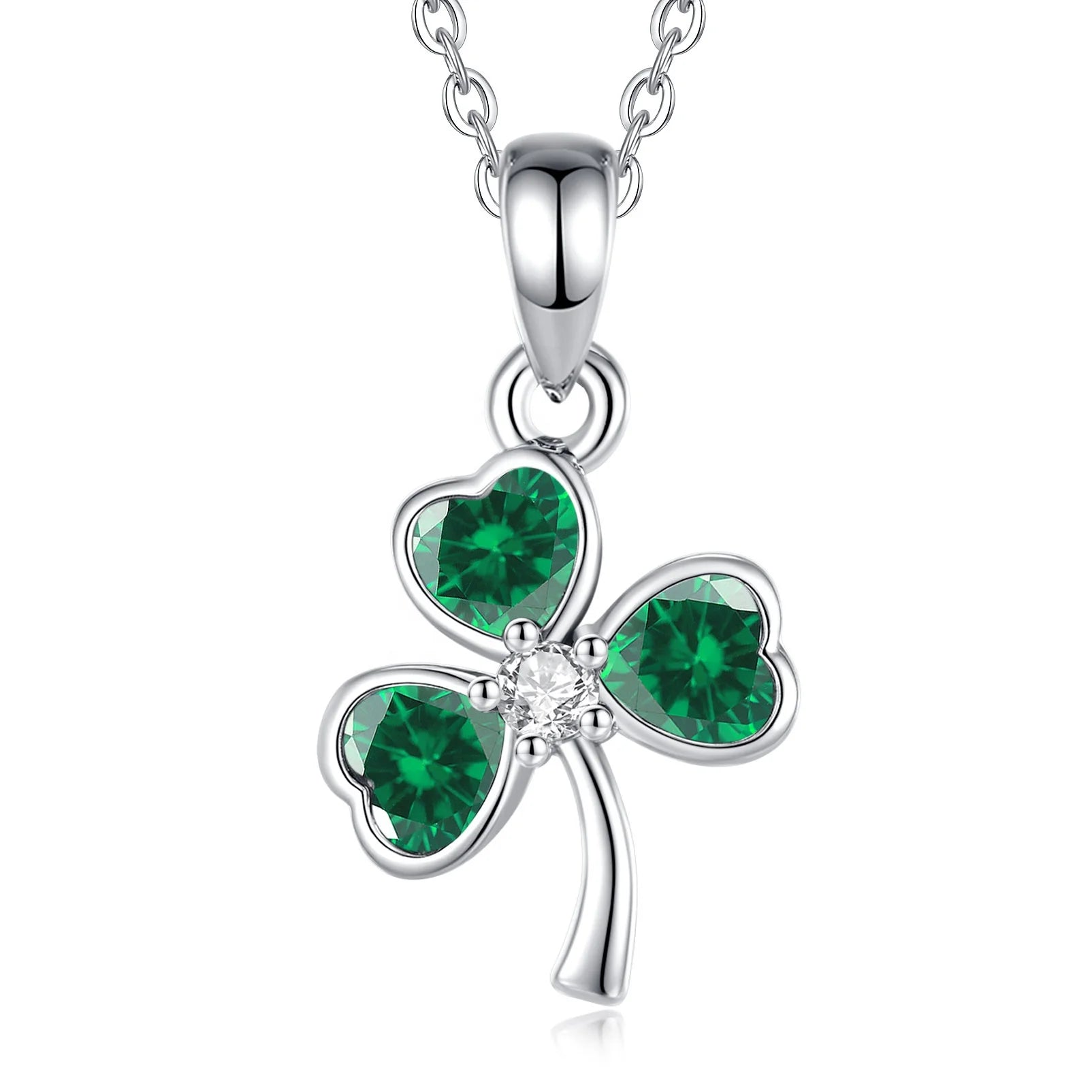 Fashion Accessory Wholesalers Rhodium Plated Three Leaf Clover Pendant Green Cubic Zirconia Dainty Jewelry Necklace