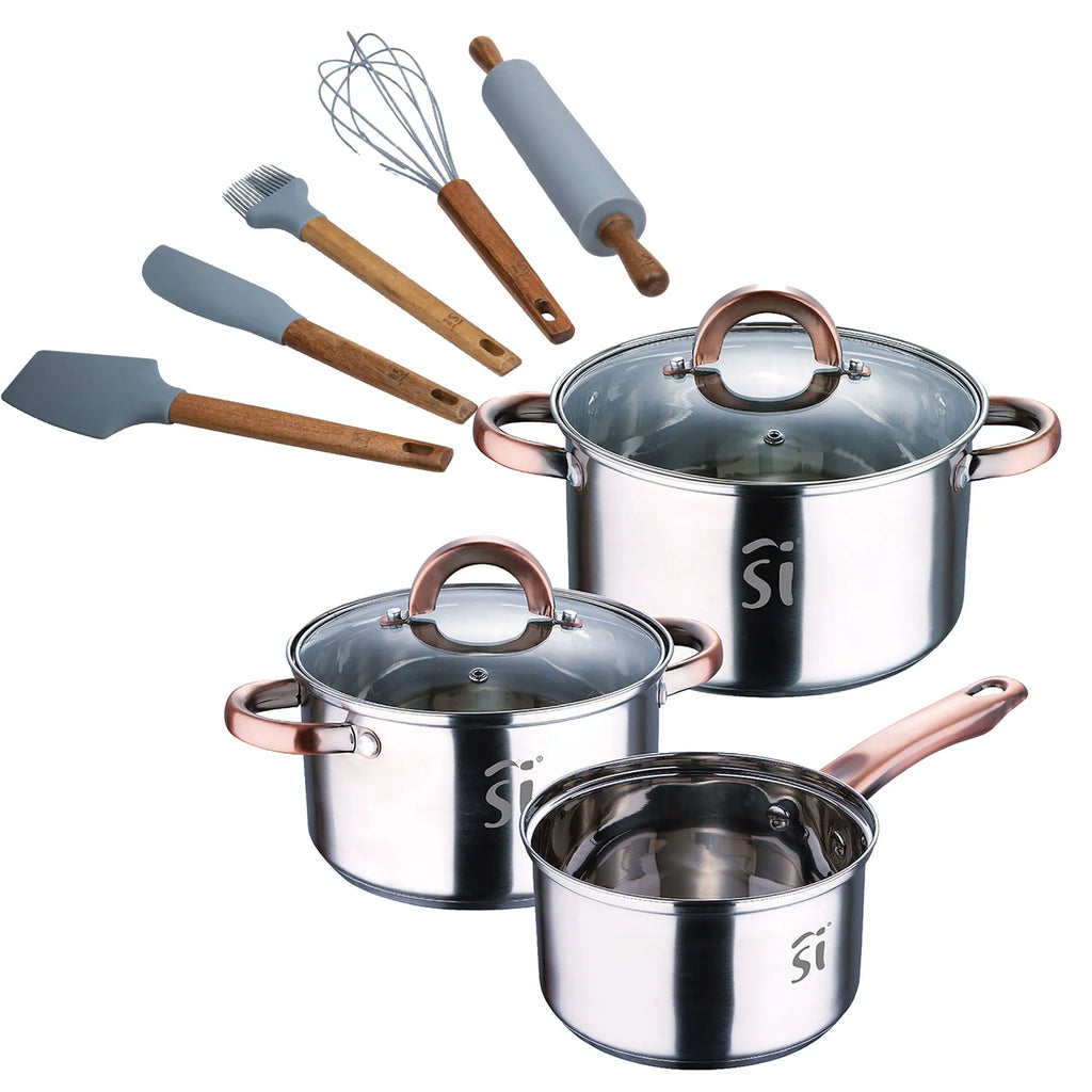 5-piece stainless steel cookware set (16 18 20 cm) suitable for induction + 5-piece silicone and acacia wood kitchen