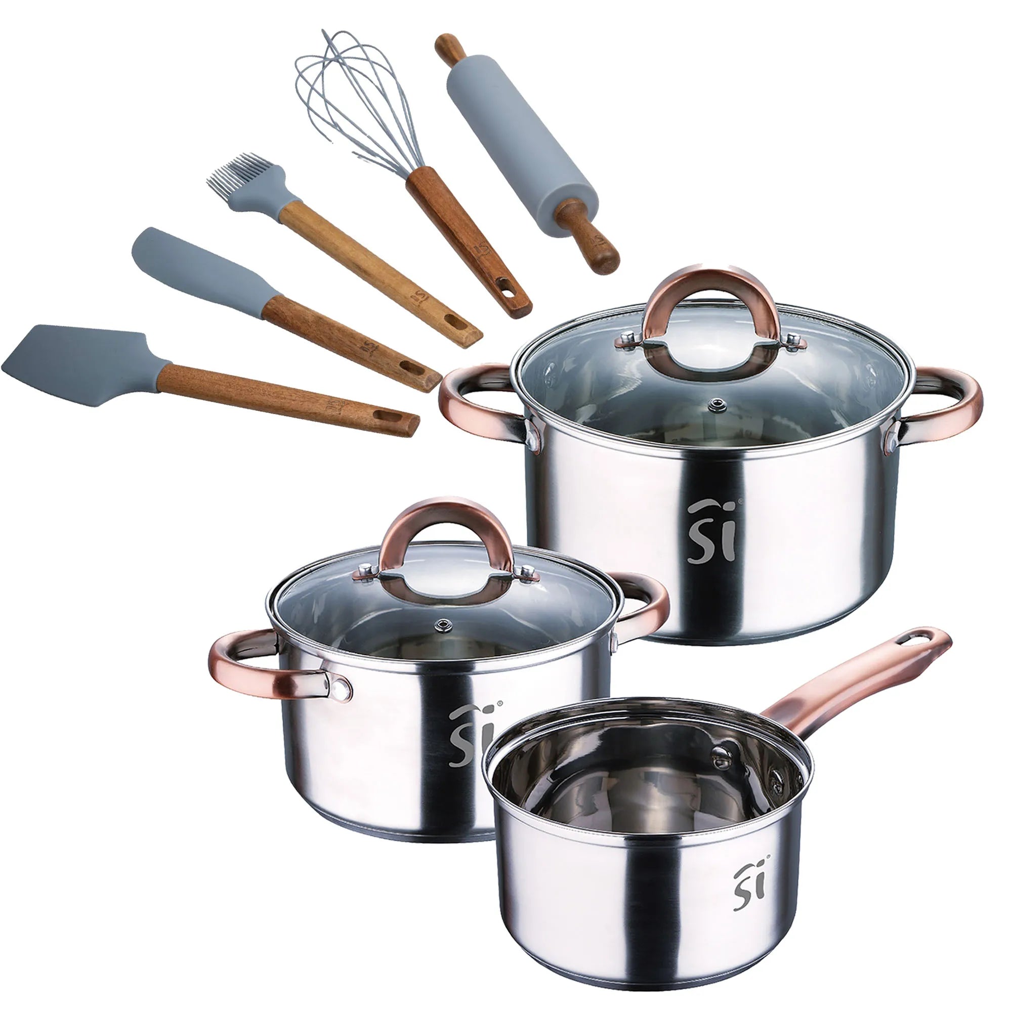 5-piece stainless steel cookware set (16 18 20 cm) suitable for induction + 5-piece silicone and acacia wood kitchen