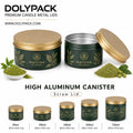 Lightweight aluminum tea powder canister in forest green and gold botanical label style with screw lid for matcha tea coffee MegaBDM
