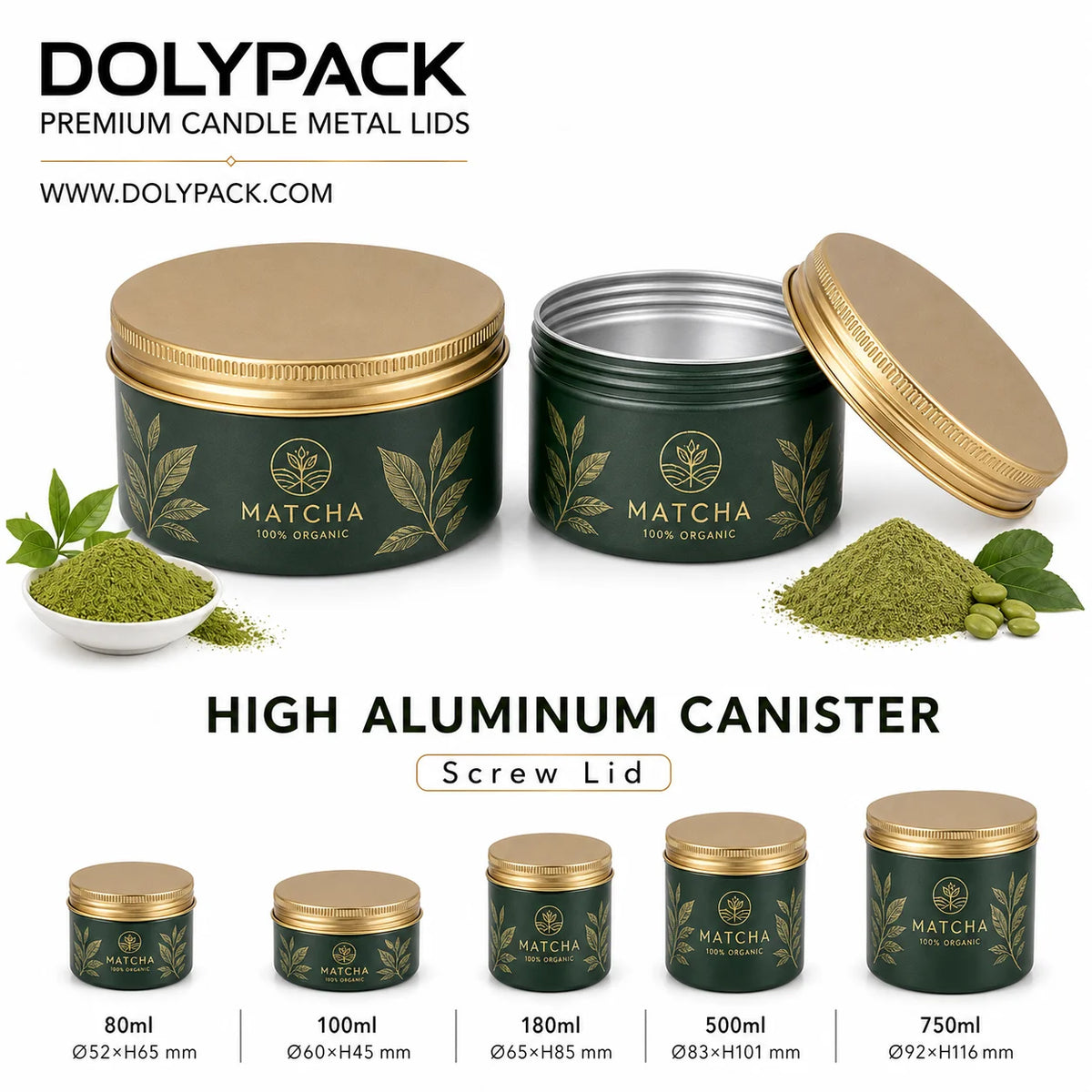 Lightweight aluminum tea powder canister in forest green and gold botanical label style with screw lid for matcha tea coffee MegaBDM