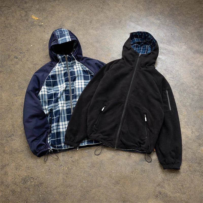 Custom Zip up Patchwork Reversible Waterproof Plaid Nylon Jacket Double Sided Cotton Lined Lightweight Jacket with Hoody
