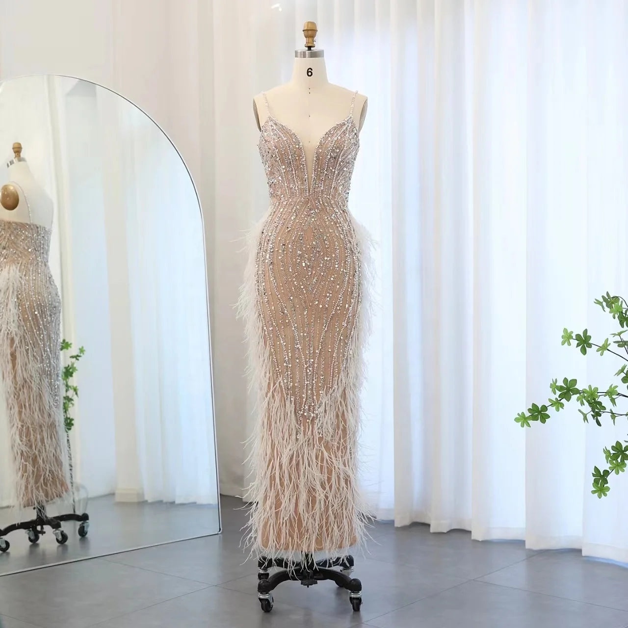 Jancember SZ185 Sexy Feather Spaghetti Strap Mermaid Evening Party Prom Dresses