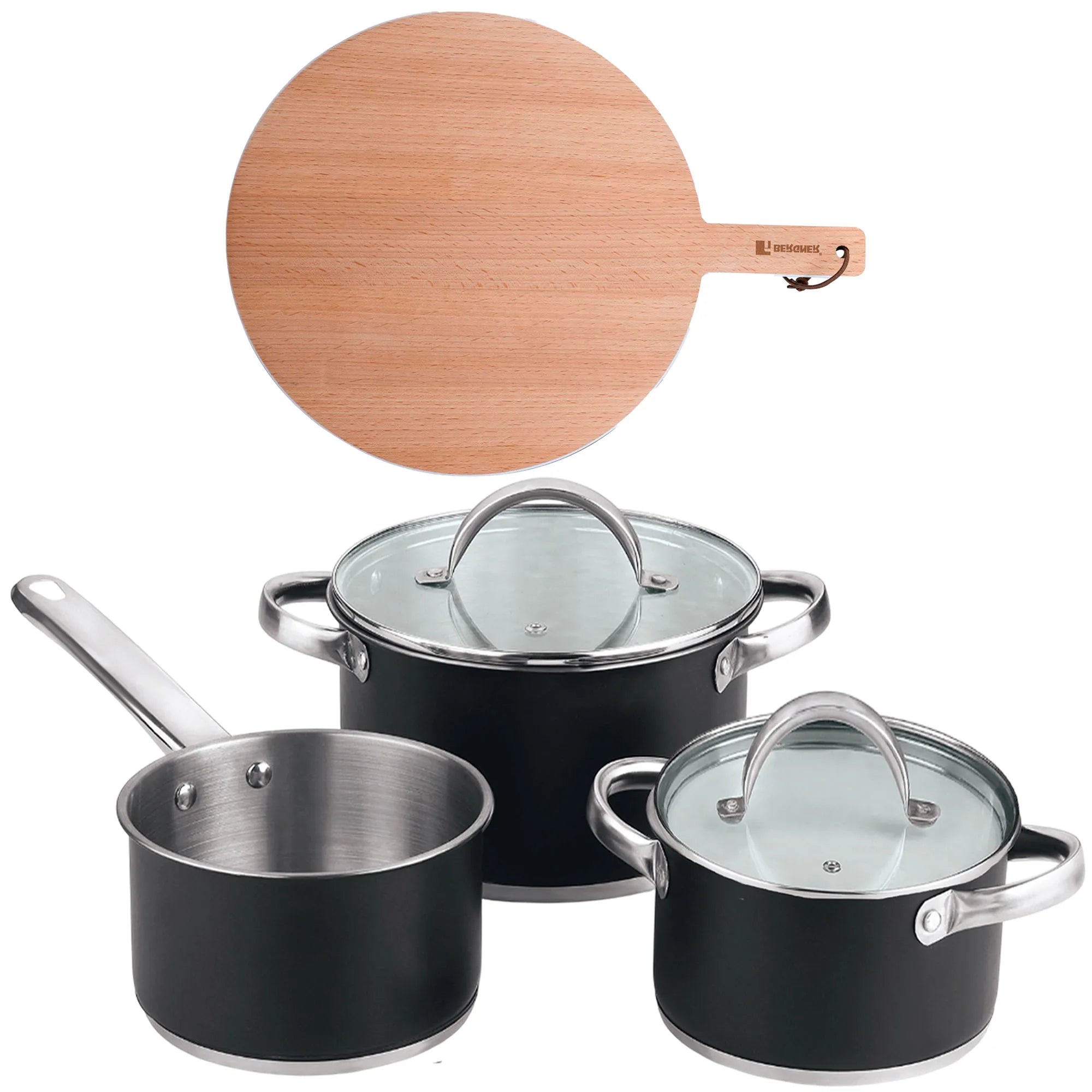 5-piece cookware set (2 saucepans with lids + saucepan) stainless steel with coating + Bergner NATURALLY Round Cutting Board