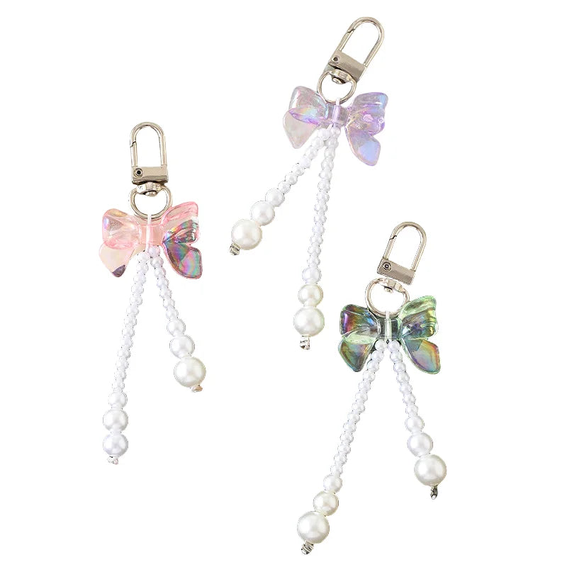 HOT Acrylic Bow Keychain Mini Beaded Pendants Cute Acrylic Cellphone Charms Bag Keychain with Bow Beaded Bow Keychains
