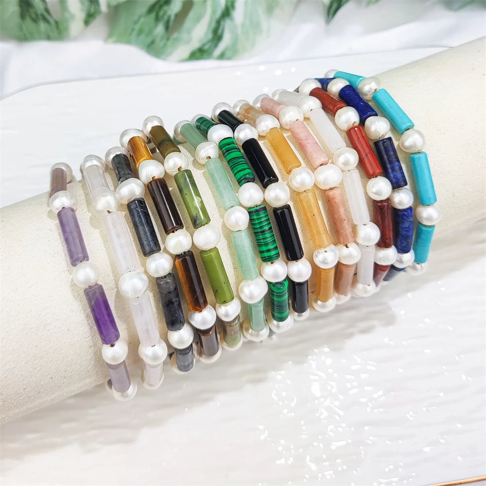Custom Jewelry Women Silver Gold Plated Natural Fresh Water Pearl Tiger Eye Rhodonite Jade Cylinder Stone Bead Bracelet for Gift