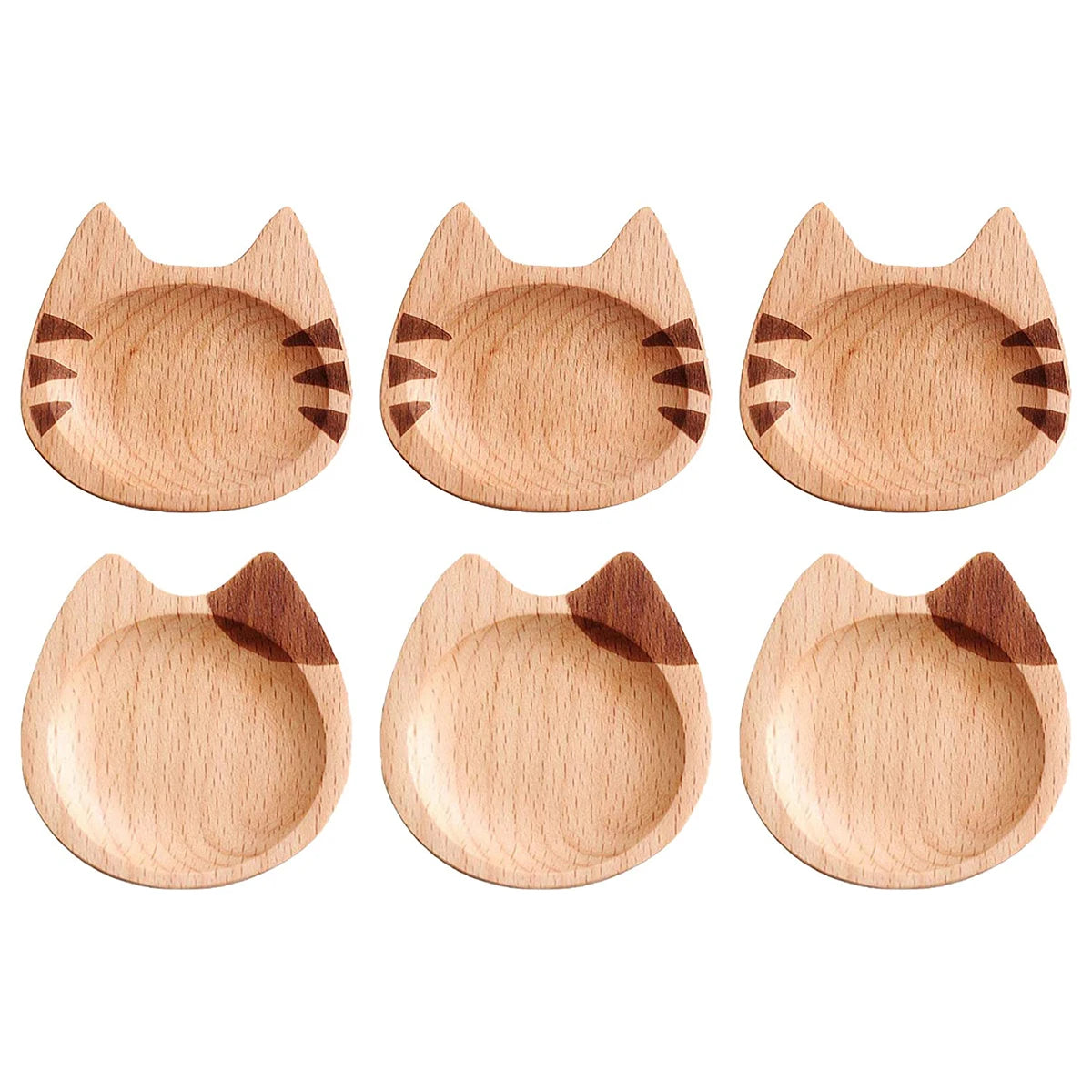 Wholesale Eco-Friendly Wood Seasoning Dish Plate Cute Cat Design Pack 6 Condiment Dishes for Salt Sugar for Hotels Parties