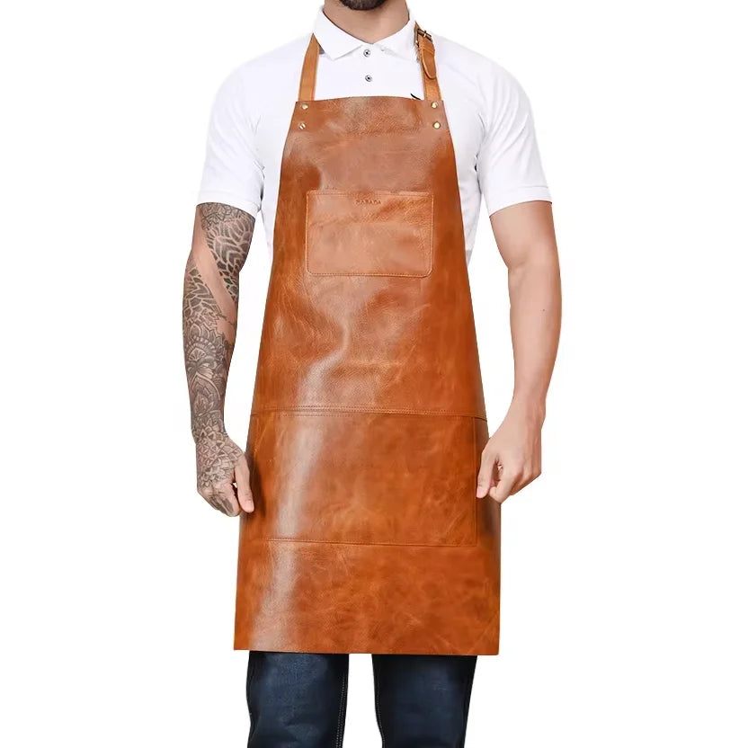 Crazy Horse Barista Work Apron Yellow-Brown Microfiber Leather Double-Layer Full Body Hanging Neck Headband Cross-Border Logo