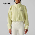 PASUXI Women's Fleece Sports Jacket Stand Collar Yoga Top Warm Windproof Thickened Drawstring Short Coat for Outdoor