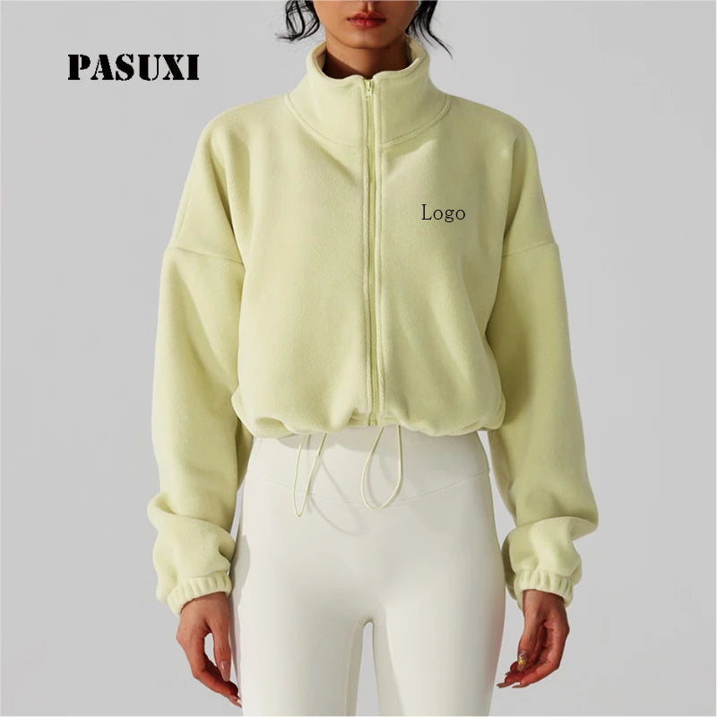PASUXI Women's Fleece Sports Jacket Stand Collar Yoga Top Warm Windproof Thickened Drawstring Short Coat for Outdoor