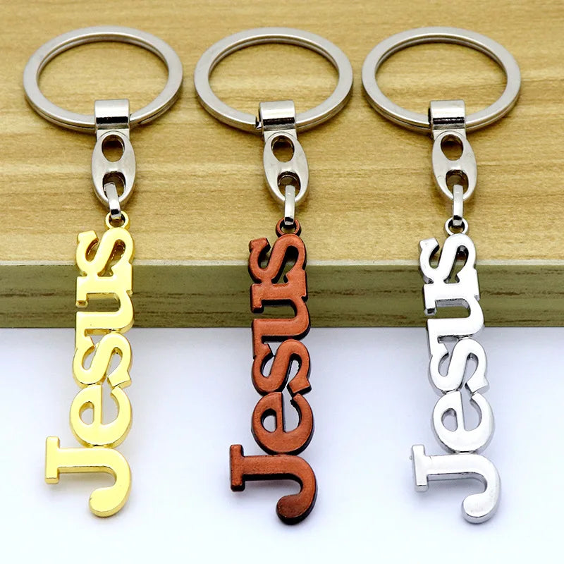 Wholesale Retro Cross Keychain with Metal Letter Pendant Catholic Christ Jesus Accessory Keychain