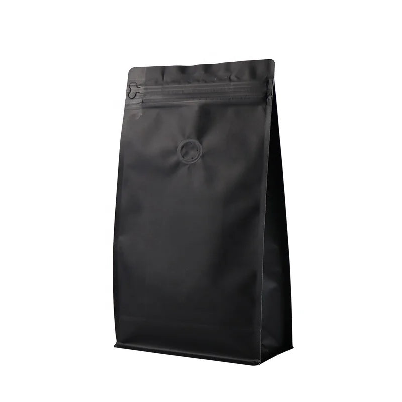 Custom Printed Black Flat Bottom Aluminium Foil Laminating Plastic Pouch Stand up Food Packaging Bag Coffee Bean Bag with Valve