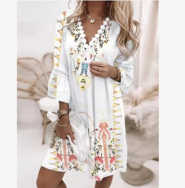 2025 European and American Spring-Summer New Style Ethnic-style Positioning Print Mesh Strap Sleeveless Casual Women's Dress