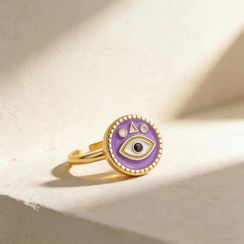 QIKU Punk Enamel Color Round Turkey Eye Adjustable Opening Finger Rings Charm Copper Jewelry Gift Wholesale Factory Price