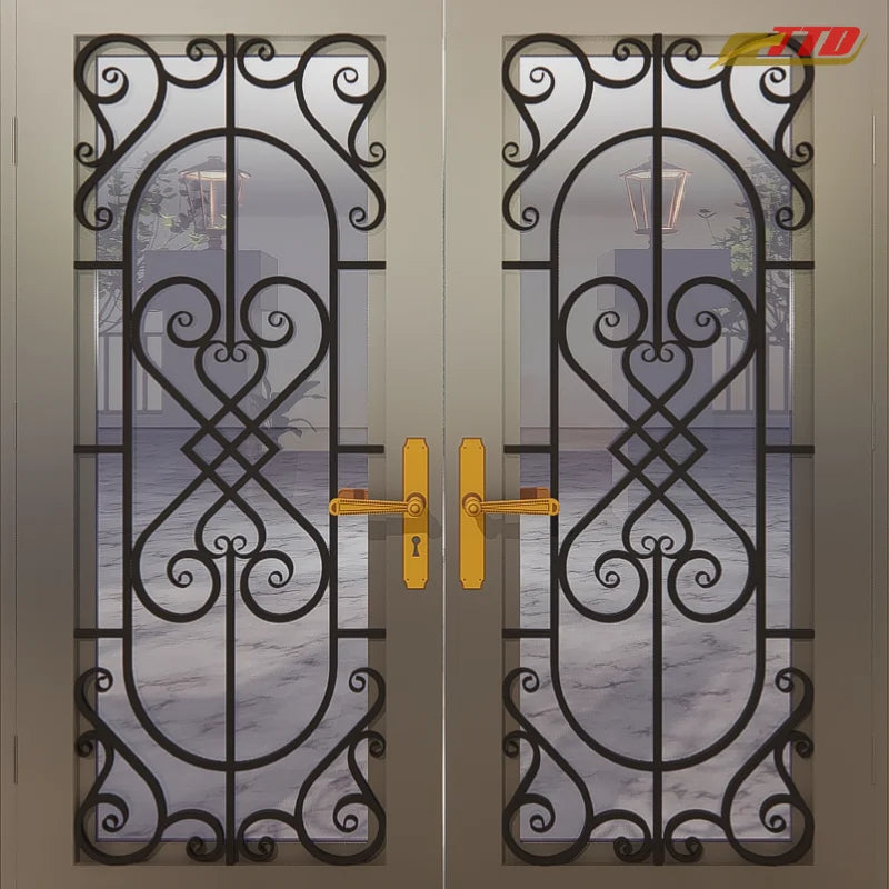 Wrought Iron Steel Front Entry Doors Postmodern Artistic Design 3-Year Warranty Waterproof Elegant Security Style Customized