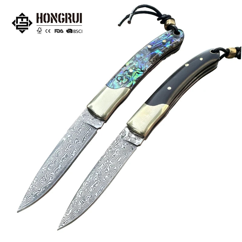 Hongrui 2026 New Design CNC Damascus Outdoor Folding Knife Survival Pocket Huntingwith Wood and Abalone Shell Handle for Camping