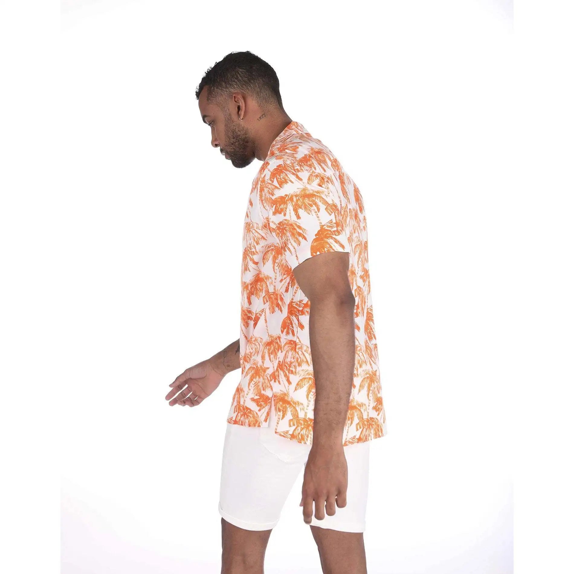 Soft Viscose Regular Fit Empire Waist Men's Orange Palm Tree Hawaiian Shirt Breathable Summer Short Sleeve