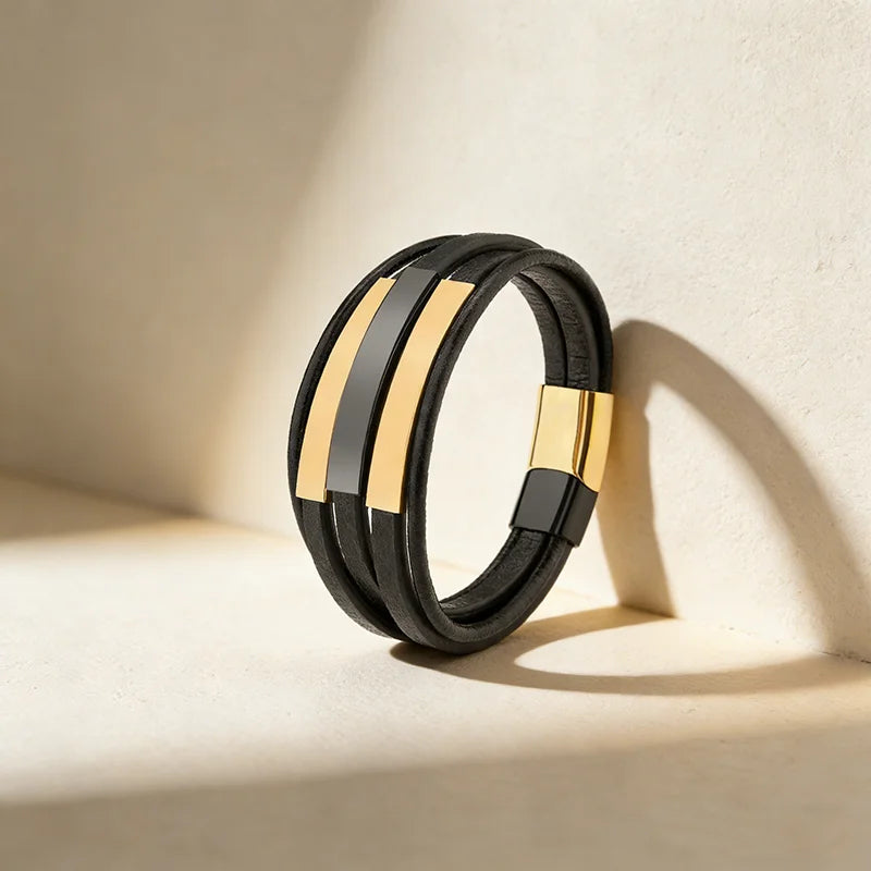Hot Selling Stainless Steel Top Quality Jewelry Leather Bracelet Men Multilayer Bangles Fashion Wholesale Customization