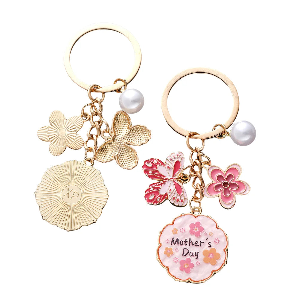 HOT Sweet Pink Mom Enamel Butterfly Flower Pearl Charm Key Chain Handbag Pendant for Mothers Day Gift Jewelry Accessory