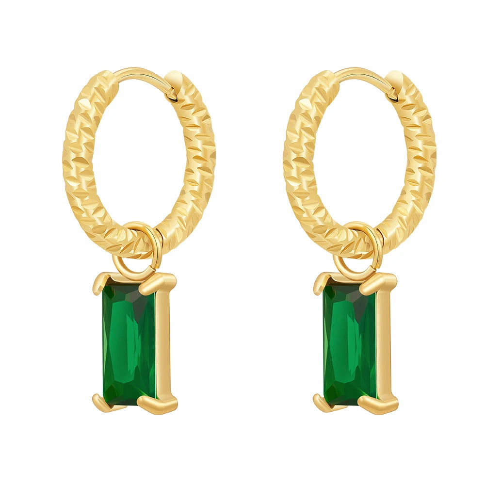 Latest 18K Gold Plated Stainless Steel Jewelry Spiral Ring Rectangular Green Zircon Hoop Earrings Waterproof Earrings E241547