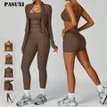 PASUXI Seamless Women 4PCS Long Sleeve Yoga Set High Waist Leggings Workout Sportswear Gym Fitness Activewear Sets