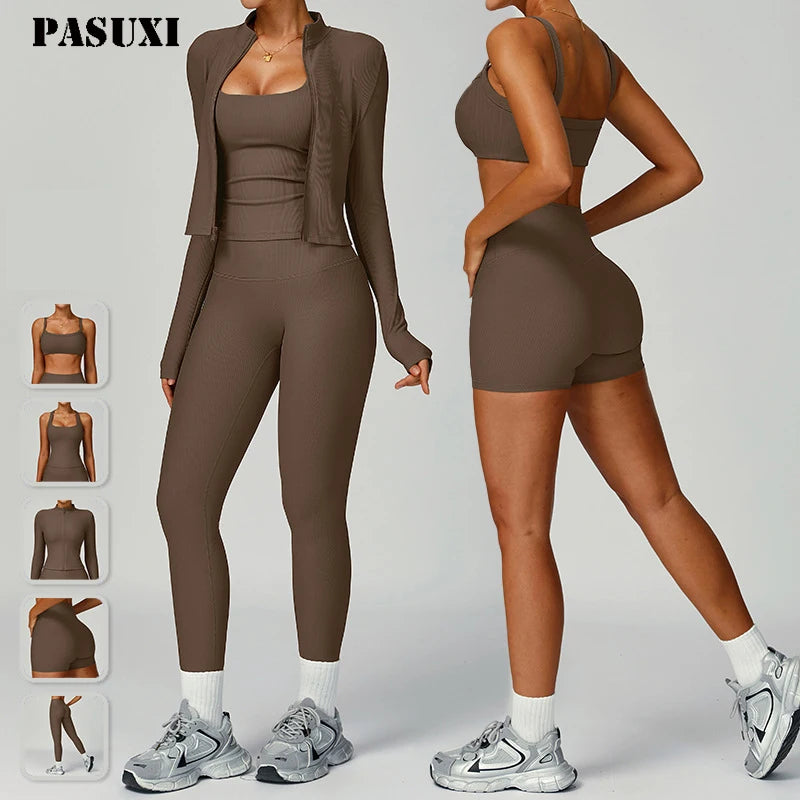 PASUXI Seamless Women 4PCS Long Sleeve Yoga Set High Waist Leggings Workout Sportswear Gym Fitness Activewear Sets