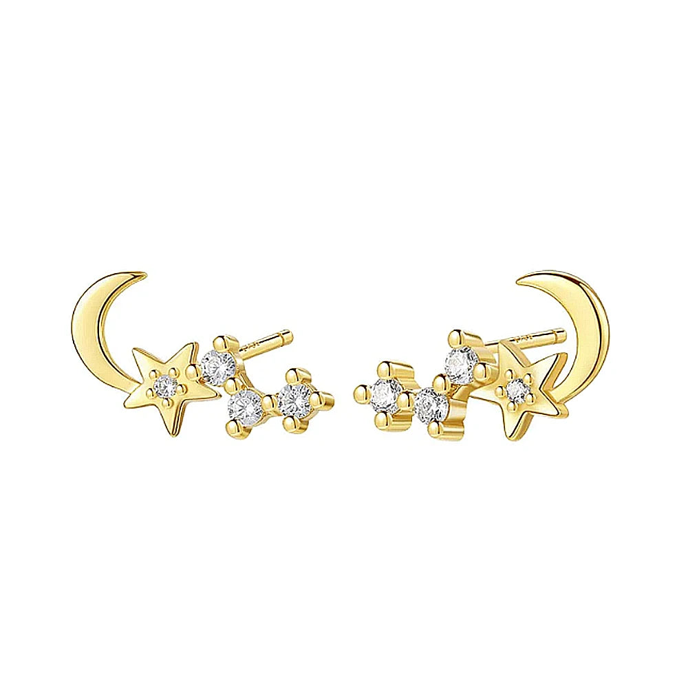 CANNER Exquisite Daily Wear 14k Plated S925 Sterling Silver Mini Moon Star Zircon Stud Earrings Jewelry for Girls Women