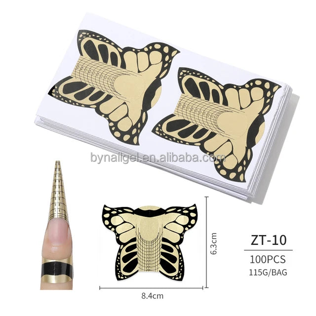 Bangya 300Pcs Self-Adhesive Butterfly Gel Nail Extension Forms Aluminum Gold Paper for Acrylic Nail Art Made of Plastic
